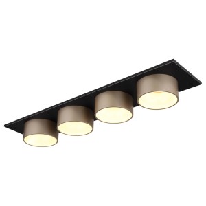 Modern LED mennyezeti lámpa négy hengeres, arany színű lámpával fekete alapon.