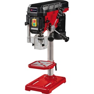 Einhell TC-BD 500 oszlopos fúrógép piros/fekete színben, fúróasztallal és forgácsvédelemmel.