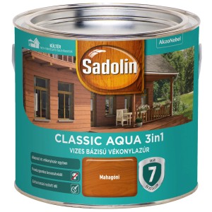 Sadolin Classic Aqua 3in1 Mahagóni, időjárásálló festék kültéri használatra, doboz.