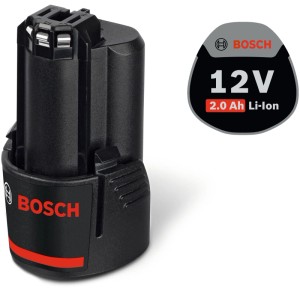 Fekete Bosch Professional GBA 12V 2Ah Li-Ion akkumulátor, kompakt, robusztus elektromos szerszámokhoz.