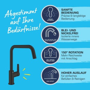 Grohe QuickFix Start fekete mosogató csaptelep, magas kifolyóval és 150°-os elforgatási tartománnyal.