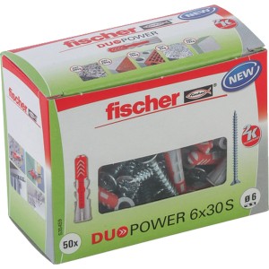 Fischer DuoPower 6x30 dübel csavarokkal csomagolás. Univerzális dübel a biztonságos tartáshoz sok építőanyagban.