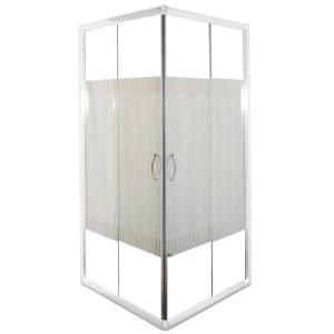 Sanotechnik sarok zuhanykabin 90x90x180 cm fehér profilokkal és csíkokkal a biztonsági üvegen.