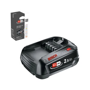 Fekete Bosch 18V 2,5 Ah csereakkumulátor elektromos szerszámokhoz, piros gombbal és ALLIANCE logóval, csomagolás mellett.