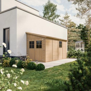 Timbela fa kerti ház M340, 8 m², oldalfal és padló nélkül a kertben.