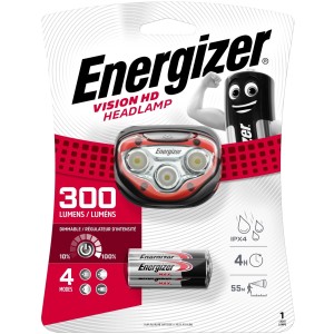 Energizer Vision HD fejlámpa 3xAAA elemmel, 300 lumen, 4 üzemmód, vízálló.