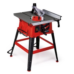 Einhell TC-TS 254 eco asztali körfűrész, piros-fekete, szürke asztallal, párhuzamos ütközővel, stabil állvánnyal.