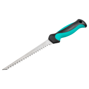 wolfcraft kézi gipszkarton fűrész türkiz-fekete 2K markolattal és hegyes pengével a pontos vágásokhoz.