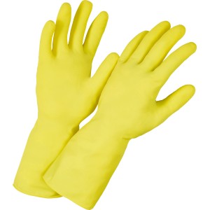Sárga Soft háztartási kesztyű, S méret, latex anyagból, a kezek védelmére házimunkához.