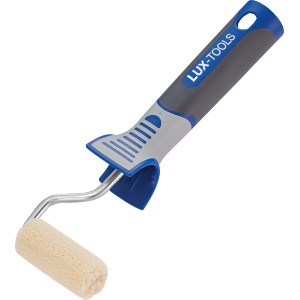 LUX Filtroller 6 cm: Festőhenger rövid szálakkal és kék-szürke nyéllel lakkozási munkákhoz.