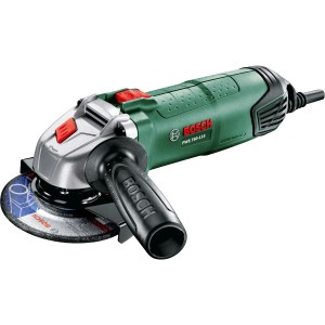 Bosch UniversalGrind 750-125 sarokcsiszoló csiszolókoronggal és kiegészítő fogantyúval.
