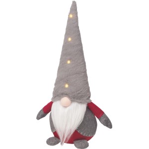 OBI karácsonyi manó 55 cm, szürke, hegyes LED-világítású sapkával, piros testtel és fehér szakállal. Díszítéshez.