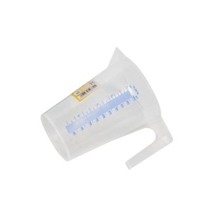 Átlátszó LUX mérőpohár 1000 ml kék skálával és fogantyúval.