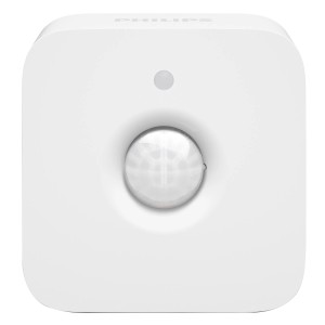 Fehér, vezeték nélküli Philips Hue mozgásérzékelő beltéri használatra. Négyzet alakú, kerek érzékelővel.
