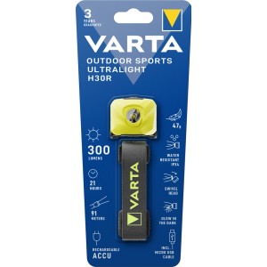 Varta Outdoor Sports Ultralight H30R fejlámpa, sárga, újratölthető.