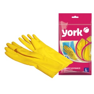 Sárga York háztartási kesztyűk, L-es méret, a csomagolás mellett.
