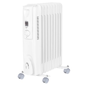 Fehér Kiruna 2000 W-os olajradiátor, mobil elektromos fűtőtest termosztáttal és kerekekkel.