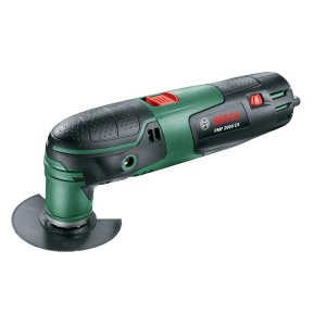 Bosch PMF 2000 CE multifunkciós szerszám zöld és fekete színben fűrészlappal.