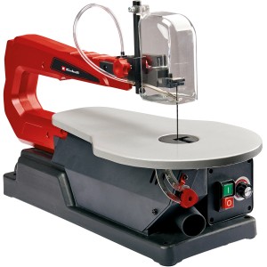Einhell TC-SS 405 E dekopírfűrész: Piros lombfűrész munkaasztallal és átlátszó védőburkolattal.