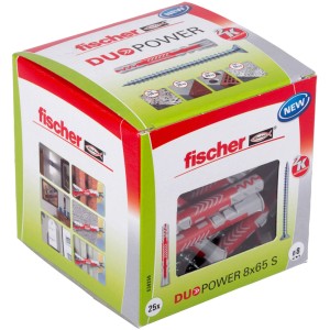 Fischer DuoPower 8x65 mm-es tiplik csavarokkal, 25 darabos csomag. Univerzális tipli a biztonságos rögzítéshez különféle anyagokban.