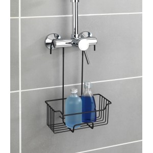 Wenko Milo termosztátos zuhanypolc, fekete akasztós zuhanytartó samponnal és tusfürdővel.
