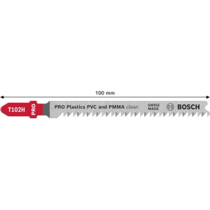 Bosch szúrófűrészlap Pro Plastics T102H, 100 mm, ezüst, precíz műanyag vágásokhoz PVC-ben, PMMA-ban.