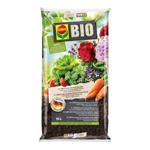Zacskó COMPO BIO univerzális virágföld, 15L, kertbe és erkélyre.