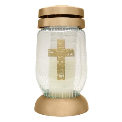 Műanyag arany tetejű és talpú, keresztmintás, sleeve fóliás üveg urnamécses 260