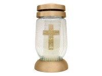Műanyag arany tetejű és talpú, keresztmintás, sleeve fóliás üveg urnamécses 260