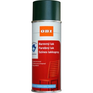Színes spray festék, alkalmas festési munkákhoz. Zöld kupakkal és piros székkel a címkén.