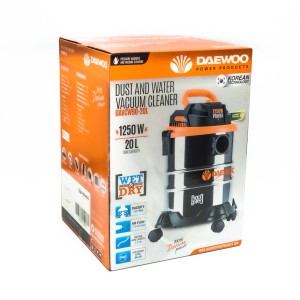 Daewoo nedves-száraz porszívó csomagolása, DAVCW90-20L modell, 1250W teljesítmény, 20L tartálykapacitás.