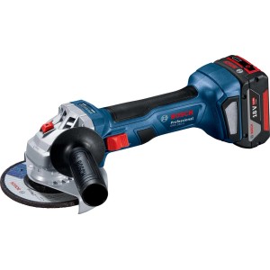 Bosch akkus sarokcsiszoló, kék, csiszolókoronggal és kiegészítő fogantyúval.