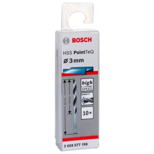 Bosch HSS PointTeQ spirálfúró készlet, Ø 3 mm, 10 darabos, átlátszó műanyag tartóban.