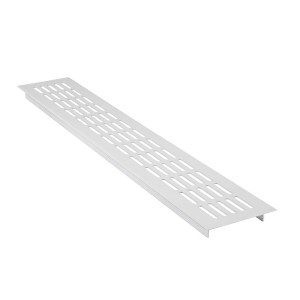 Fehér alumínium szellőzőrács, 480x80mm, konyhai munkalapokhoz és fűtőtest burkolatokhoz.