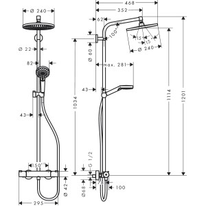 Hansgrohe Crometta zuhanyrendszer fej- és kézizuhannyal, termosztáttal és zuhanyrúddal. Műszaki rajz méretekkel.