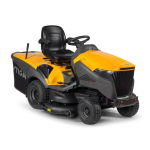 Sárga Stiga fűnyíró traktor nagy kertekhez.