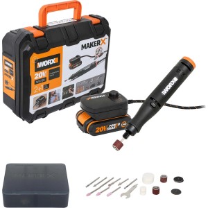 Worx MakerX 20 V akkus multifunkciós szerszám WX739 tartozékokkal és akkumulátorral tárolódobozban.