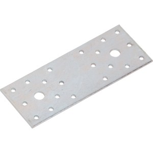 Téglalap alakú, horganyzott lapos kötőelem 140x55 mm-es, lyukakkal a bútorelemek rögzítéséhez.