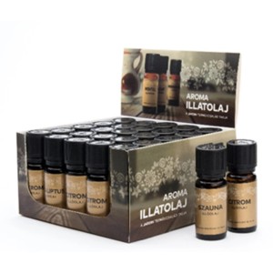 Aromaolajok kartondobozban, különböző illatok, mint a citrom és a szauna.