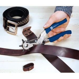 LUX Revolverlochzange 220 mm Comfort lyukaszt egy bőrszíjat.