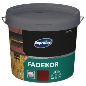 Vödör Supralux Fadekor fa lazúr, a szín és a kültéri fa alkalmazásának részletei láthatók.