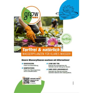 Infografika: Tőzegmentes és természetes alternatívák a GROW by OBI vízinövényekhez a tiszta vízért.