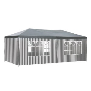 Szürke-fehér csíkos pavilon ablakokkal.