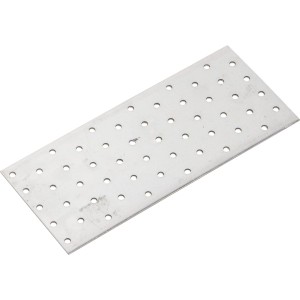 Téglalap alakú, horganyzott lapos kötőelem 240x100 mm lyukmintával, bútorok rögzítéséhez.