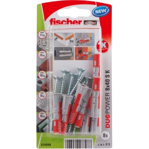 Fischer Duopower 8x40 S K dübel, csavarokkal, különböző építőanyagokhoz alkalmas.
