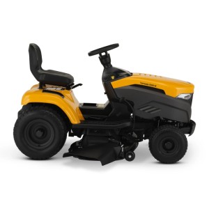 Sárga t.b.t. fűnyíró traktor, oldalnézet.