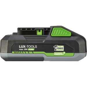 LUX-TOOLS AK-20/4.0 akkumulátor, 20 V, 4 Ah a 1 PowerSystem elektromos szerszámokhoz, fekete és szürke.