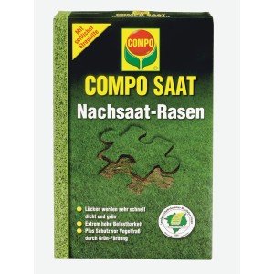 Compo Saat Fűmag utóvetéshez 1kg-os csomag oldalsó szórófejjel és fű puzzle mintával.