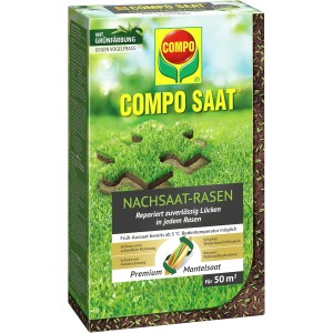Compo Saat Fűmag utóvetés 1 kg-os csomag. Zöld puzzle darabok a gyepen.