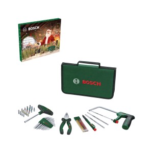 Bosch DIY Adventi naptár 2025 szerszámkészlettel, fogóval, fűrésszel, bitekkel és táskával.